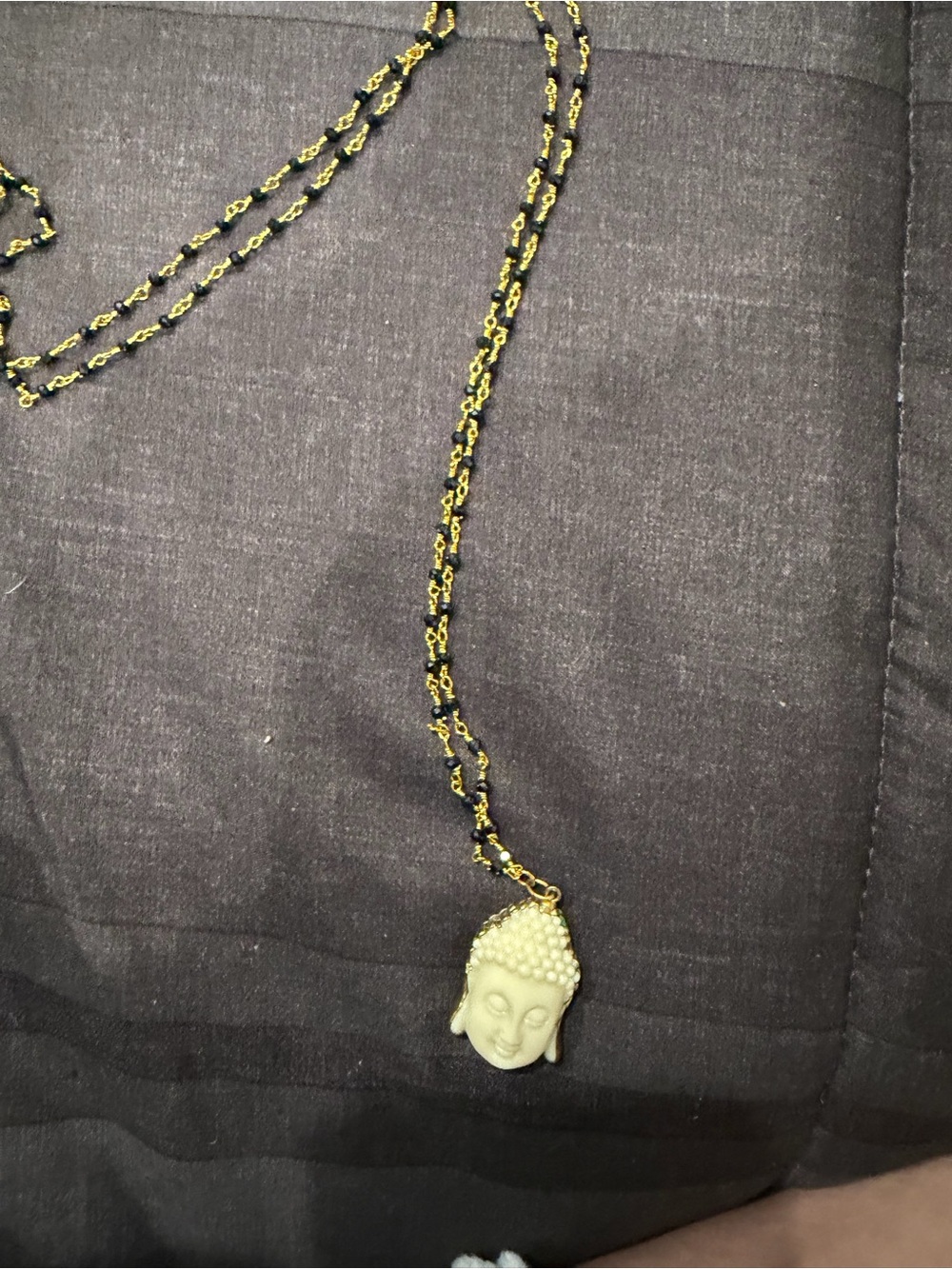 Buddha Head Pendant Necklace - Cream and Black Beaded Chain
